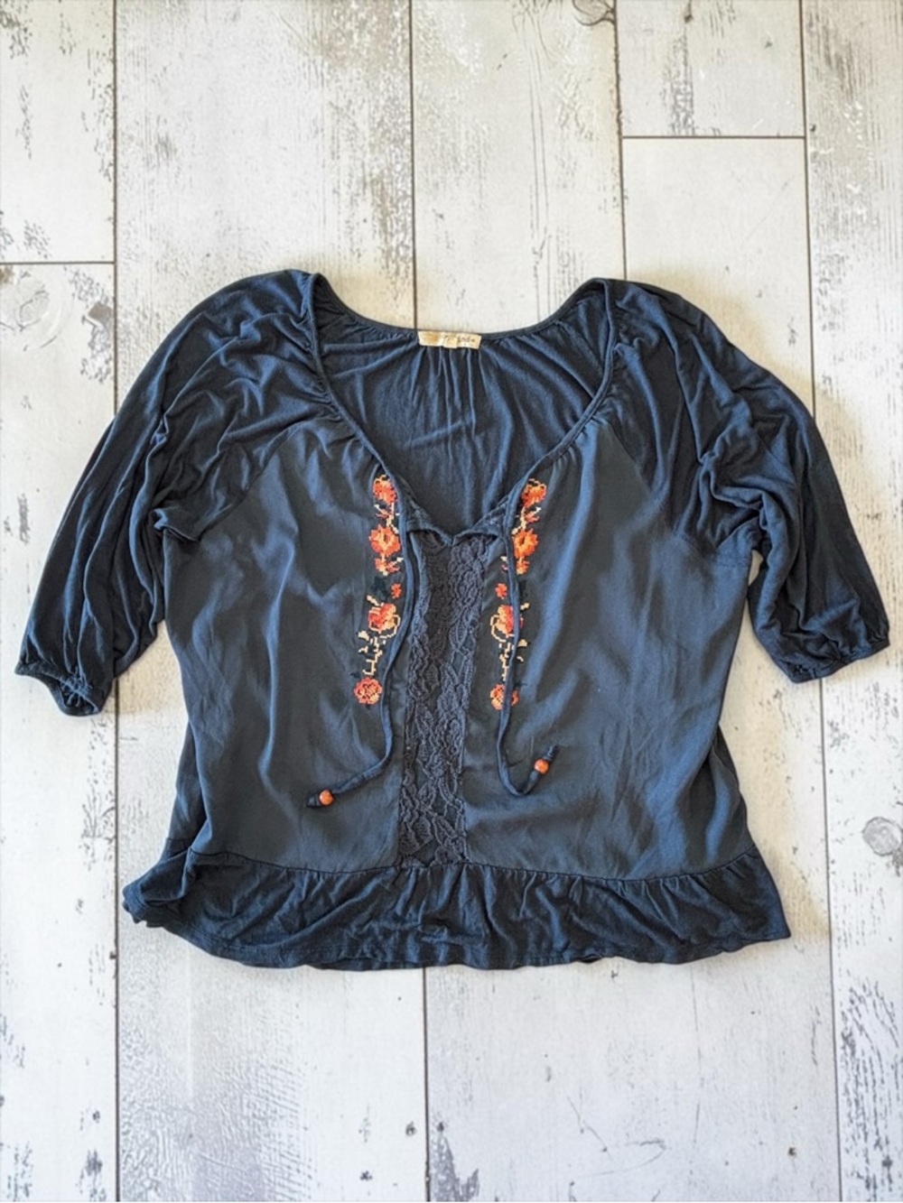 Rewind Peasant Blouse Navy Embroidered Boho Lace Tie Front XXL